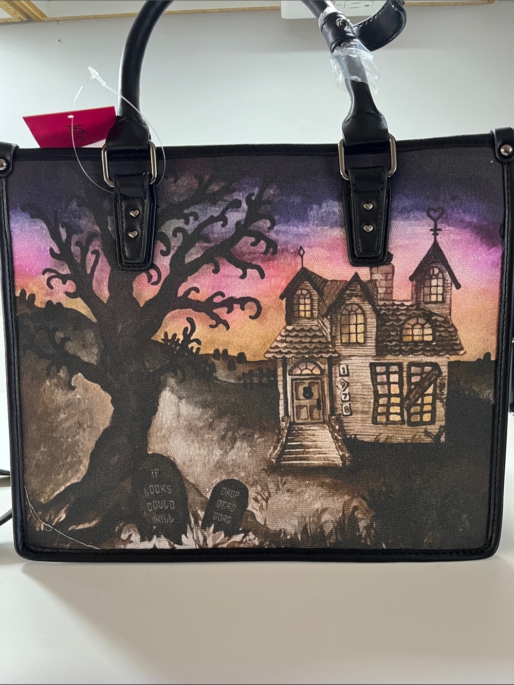 Betsey Johnson Black and Purple Haunted House Crossbody Bag with Bat Charm - Picture 6 of 16